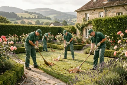 Équipe professionnelle d'entretien de jardin dans le Grand Est travaillant dans un jardin résidentiel soigné