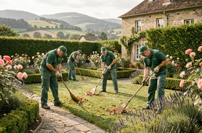 Équipe professionnelle d'entretien de jardin dans le Grand Est travaillant dans un jardin résidentiel soigné