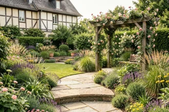 Vue panoramique d'un jardin paysager professionnel dans le Grand Est avec architecture alsacienne en arrière-plan