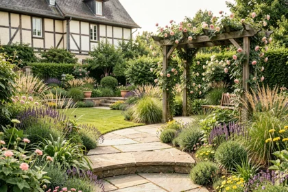 Vue panoramique d'un jardin paysager professionnel dans le Grand Est avec architecture alsacienne en arrière-plan