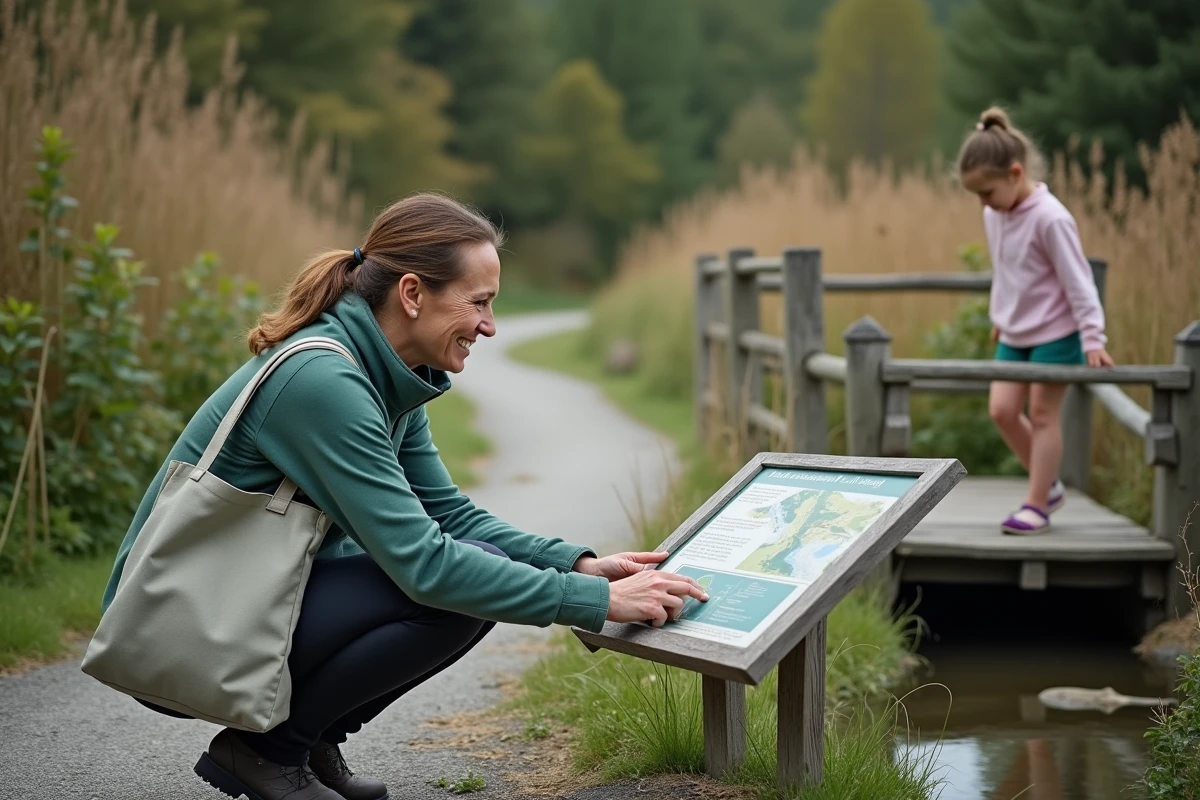 Maman et enfant découvrant un parc naturel et écologique autour d'Annecy, week-end en famille