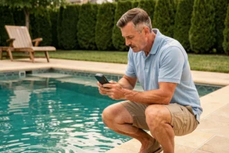 Homme mesurant le taux de sel d'une piscine résidentielle avec un testeur numérique au démarrage de la saison