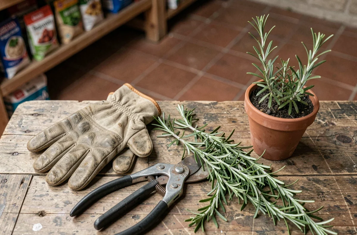Gants de jardinage, sécateur et tiges de romarin taillées sur un établi en bois rustique