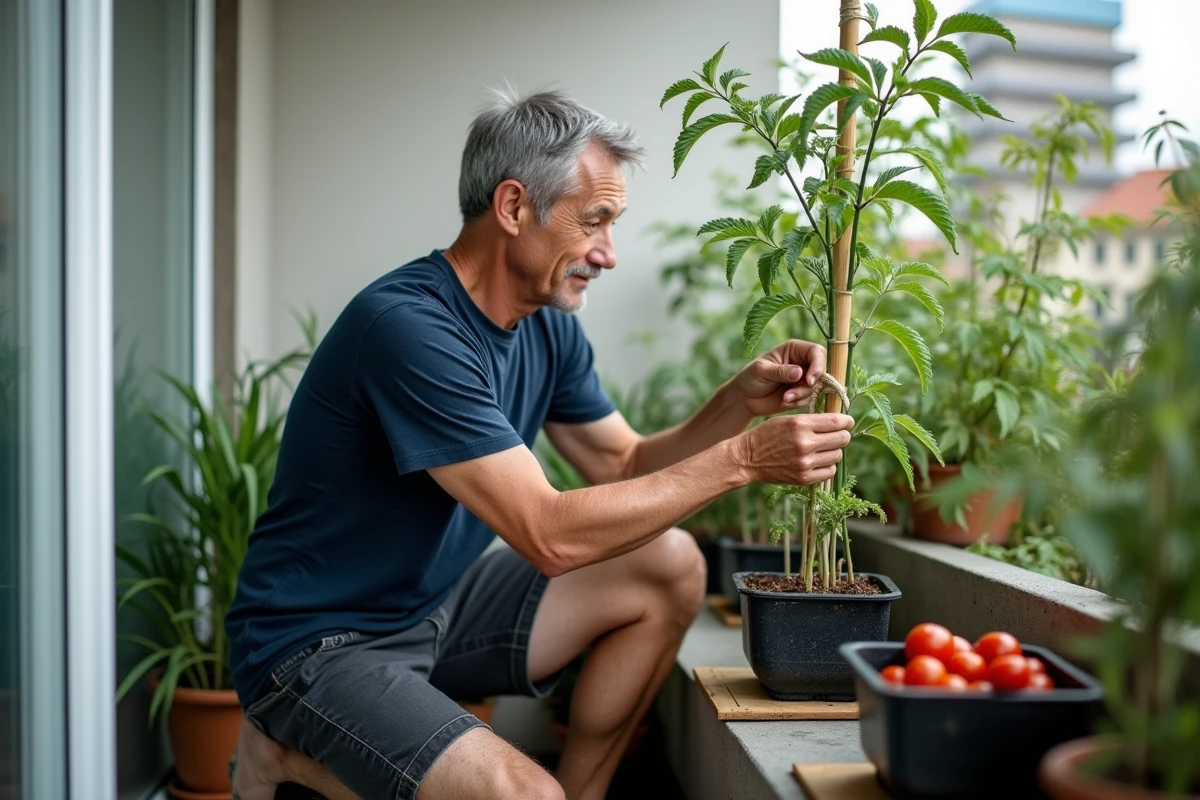Homme palissant un pied de tomate en godet sur un petit balcon d'appartement