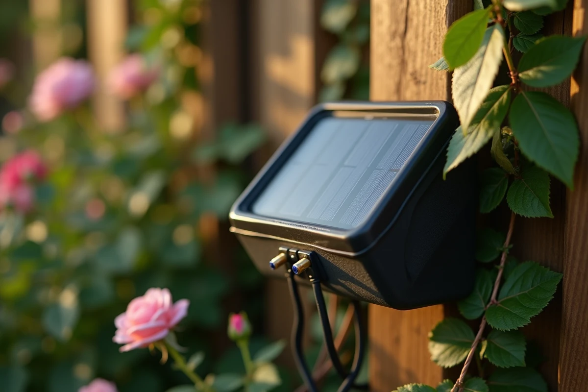 Panneau solaire compact d'une guirlande lumineuse extérieure fixé sur un poteau en bois dans un jardin