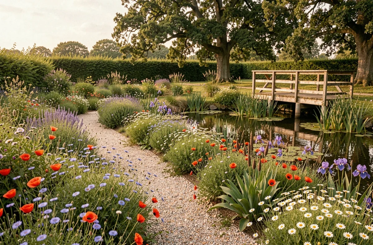 Jardin naturel écologique conçu par Paysagiste Concept avec prairie fleurie et mare aux iris