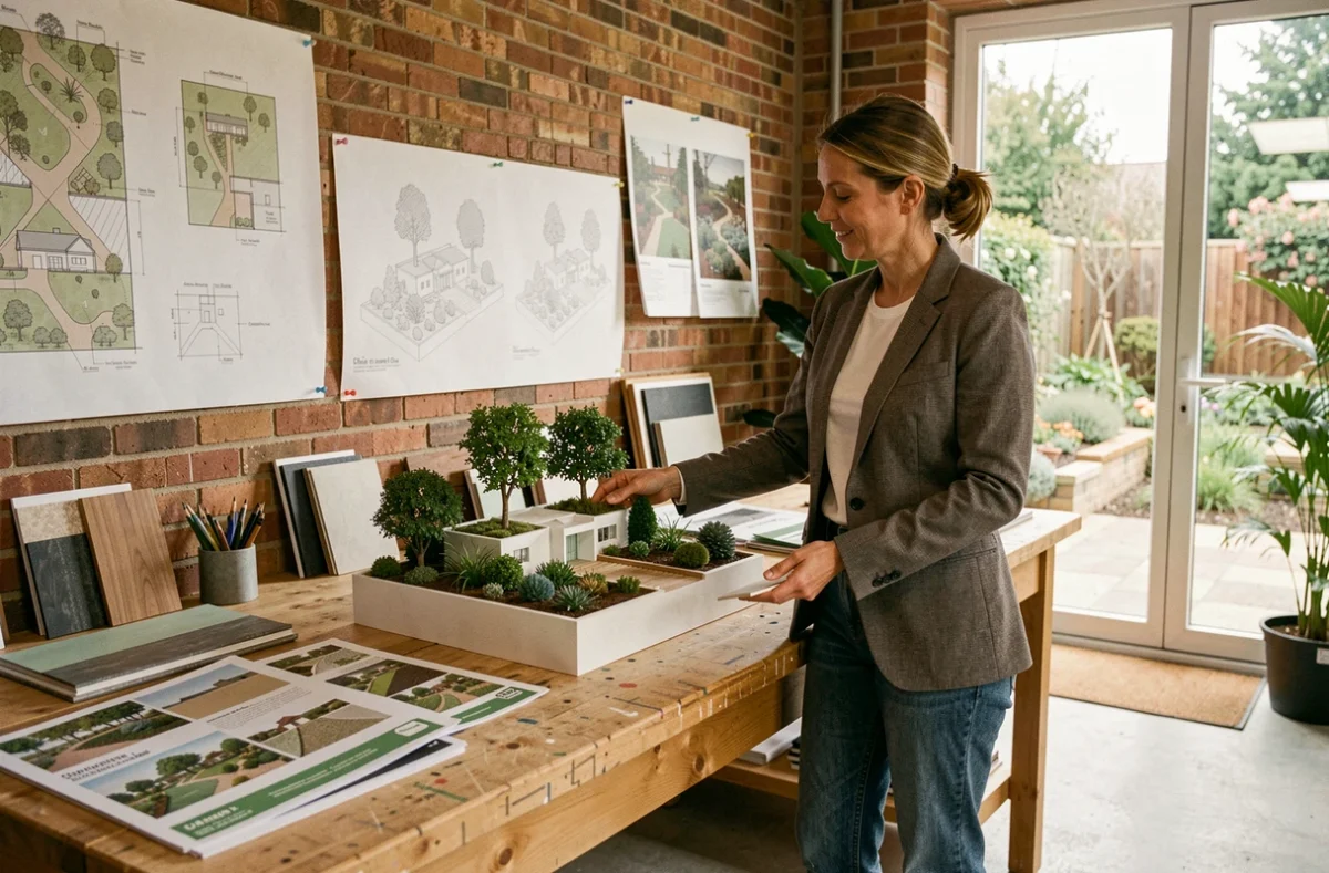 Designer paysagiste de Paysagiste Concept présentant un modèle de jardin dans un studio de conception du Grand Est