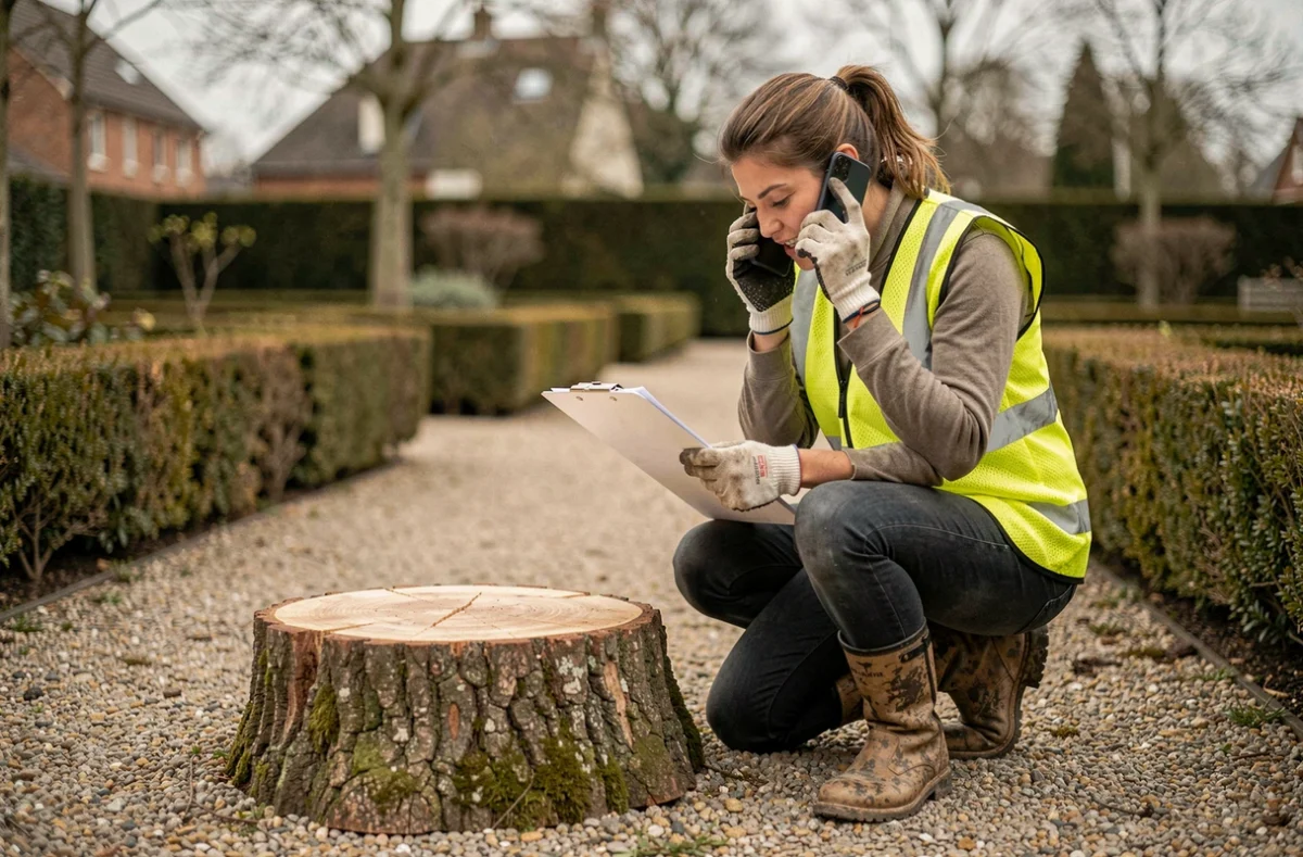 Paysagiste femme consultant un devis sur papier dans un jardin de banlieue toulousaine après élagage d'arbre