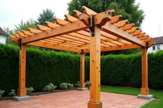 Pergola 5x4 en bois avec renforts métalliques et fixations au sol en béton dans un jardin pavillonnaire