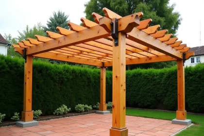 Pergola 5x4 en bois avec renforts métalliques et fixations au sol en béton dans un jardin pavillonnaire