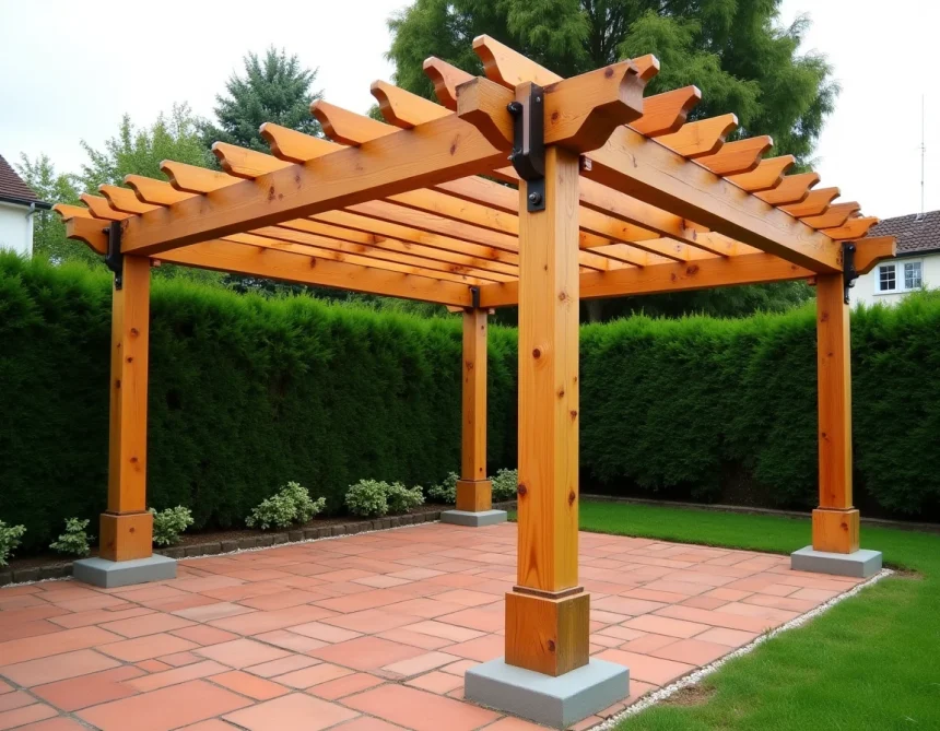 Pergola 5x4 en bois avec renforts métalliques et fixations au sol en béton dans un jardin pavillonnaire