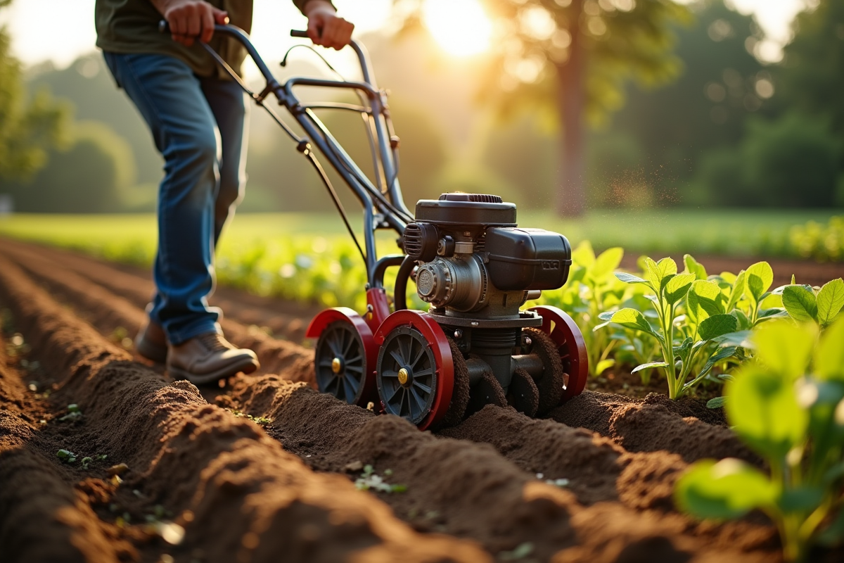 Personne utilisant un rototiller dans un potager