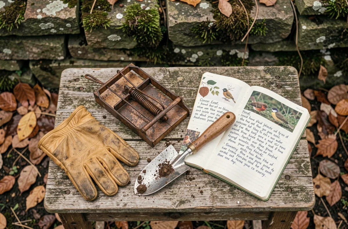 Piège à taupe, gants et outils de jardinage posés sur un établi en bois en hiver