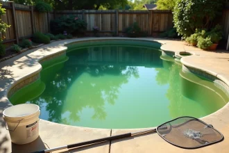 Piscine résidentielle avec eau verte et trouble malgré un traitement au chlore choc, entourée d'équipements de maintenance