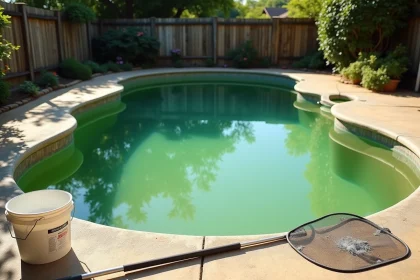 Piscine résidentielle avec eau verte et trouble malgré un traitement au chlore choc, entourée d'équipements de maintenance