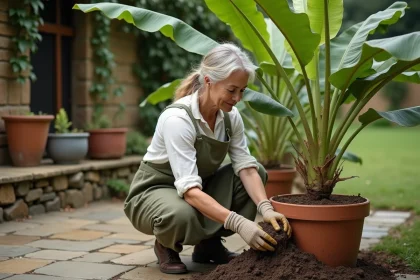 Femme jardinière plantant un bananier en pot sur une terrasse en pierre dans un jardin tempéré