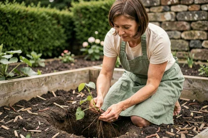 Femme jardinière plantant un jeune plant de kiwi dans un trou de terre fraîchement creusé au jardin