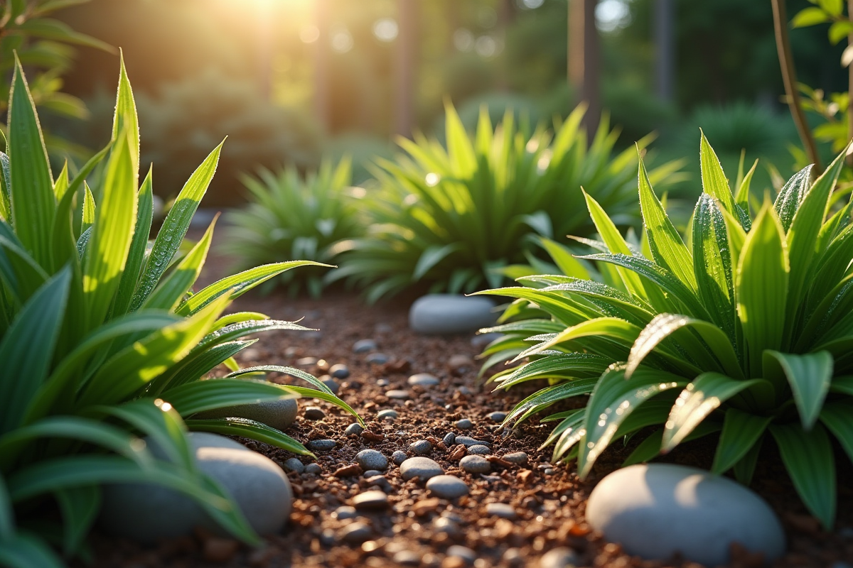 Jardin avec plantes natives resistantes a la sécheresse sous la lumiere du matin