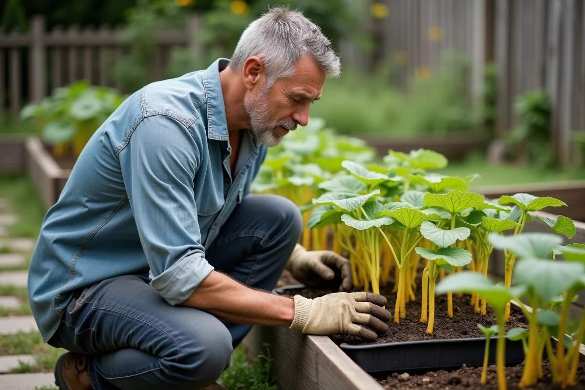 Jardinier inspectant des plants de citrouille Bleu de Hongrie étiolés suite à des erreurs de semis