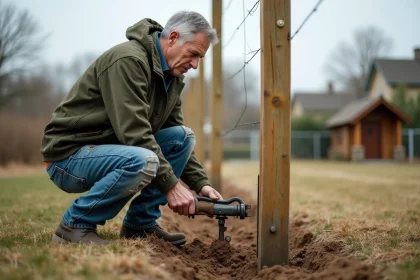 Homme plantant un piquet métallique dans le sol d'un jardin sans ciment pour installer un grillage