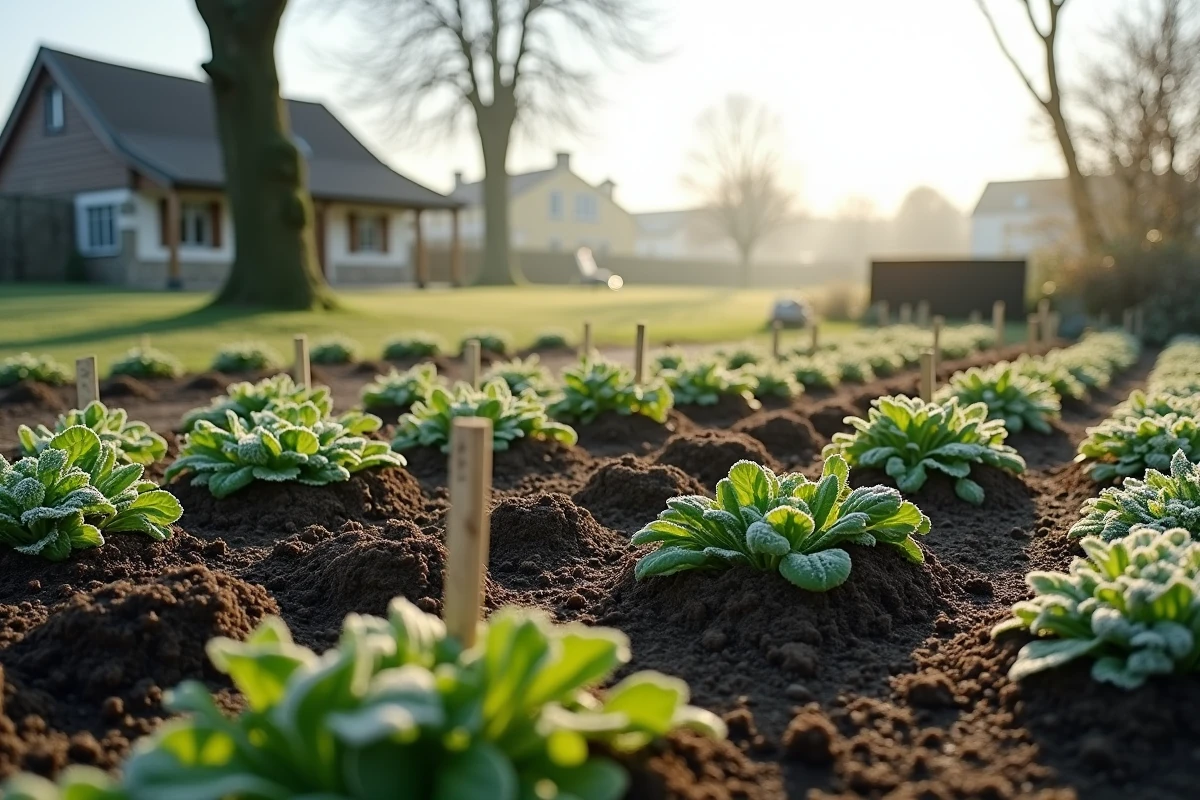 Potager au printemps avec rangs de semis de haricots verts et risque de gel tardif