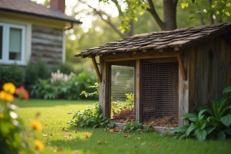 Poulailler en bois rustique dans un jardin suburban avec maison en arrière-plan, illustrant la question de la taxation immobilière des poulaillers