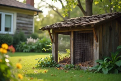 Poulailler en bois rustique dans un jardin suburban avec maison en arrière-plan, illustrant la question de la taxation immobilière des poulaillers