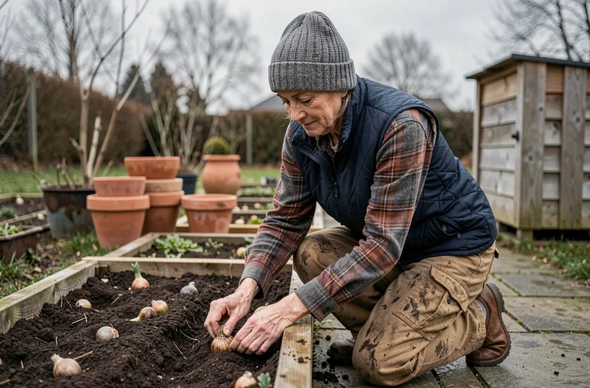 Femme préparant ses massifs de jardin en hiver pour le printemps après des dégâts de taupes