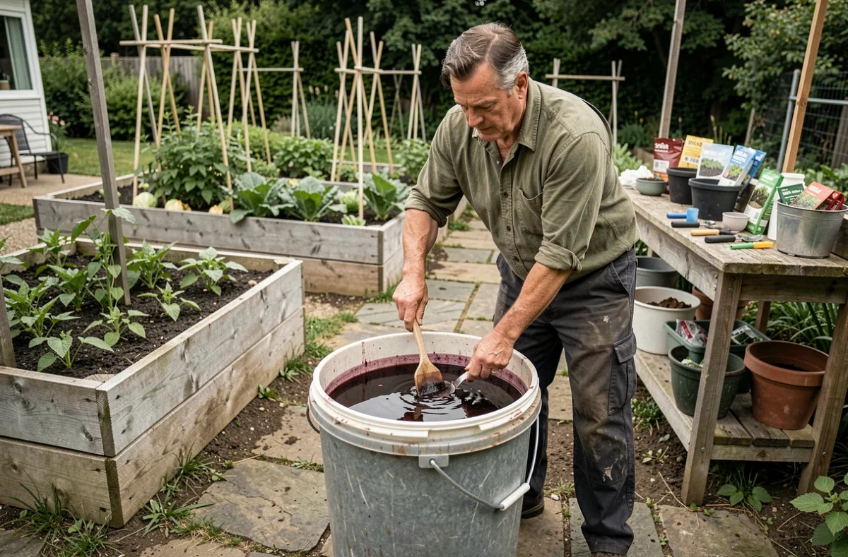 Jardinier préparant une macération de plantes dans un tonneau en plastique au jardin potager
