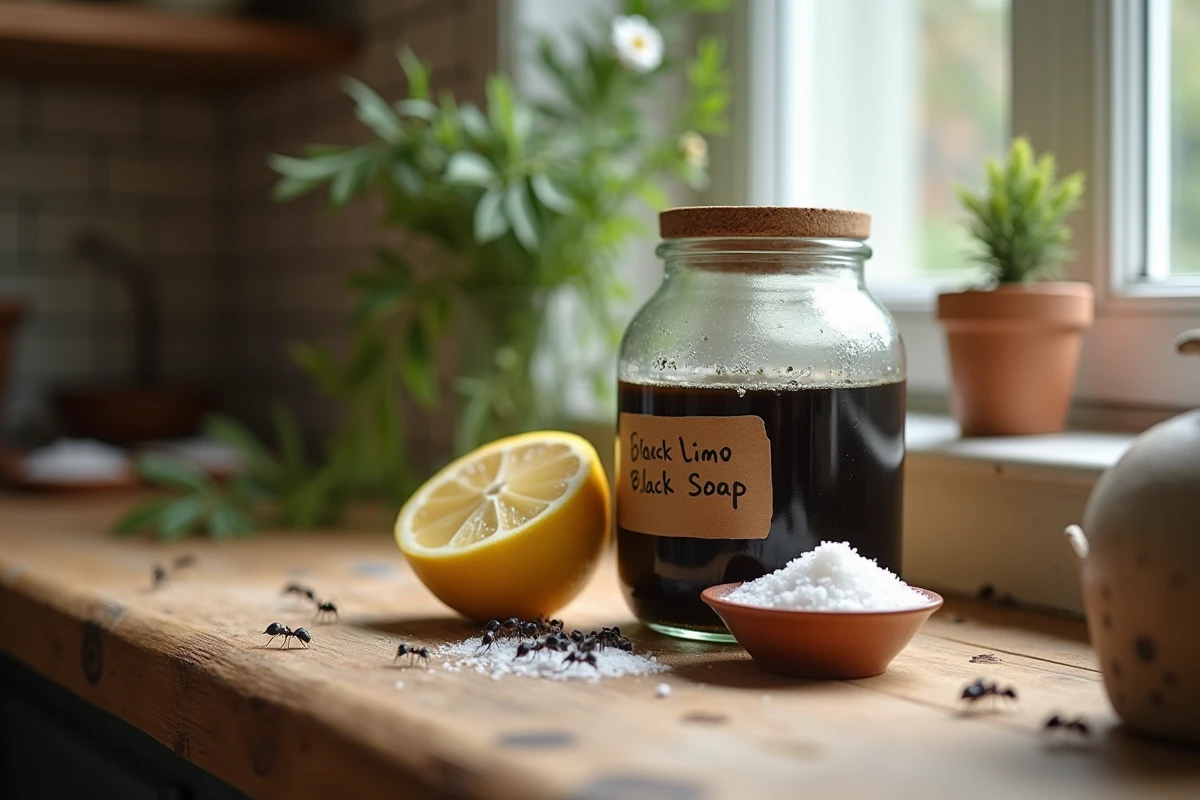 Préparation maison à base de savon noir et de sel contre les fourmis sur un plan de travail en bois
