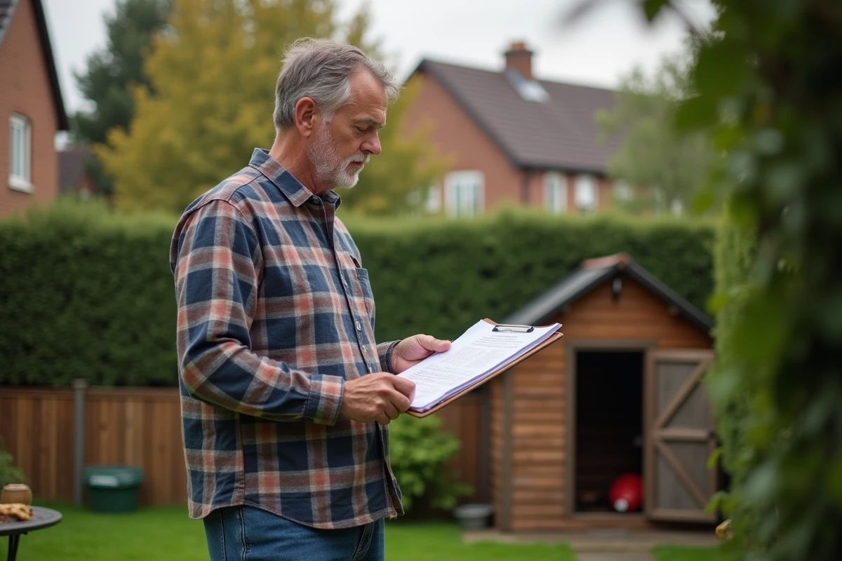 Propriétaire examinant des documents fiscaux près de son poulailler dans un jardin résidentiel, concept de taxe foncière sur les structures annexes