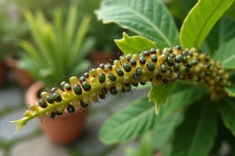 Pucerons verts et noirs en colonie dense sur les tiges tendres d'un laurier rose avec feuilles collantes et déformées