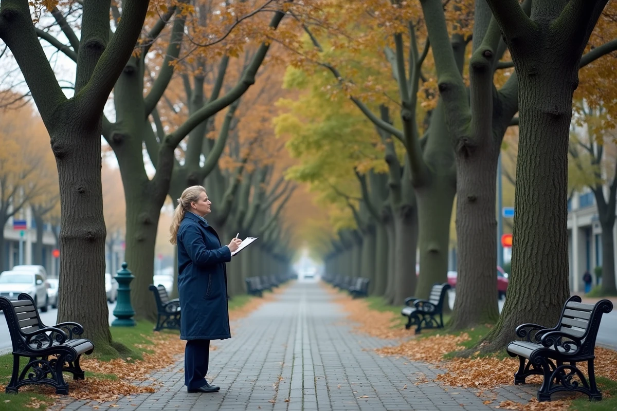 Rangée de mûriers platanes malades en milieu urbain avec une femme prenant des notes sur l'état sanitaire des arbres