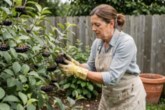 Jardinière récoltant des baies de sureau dans un jardin potager pour préparer un purin naturel