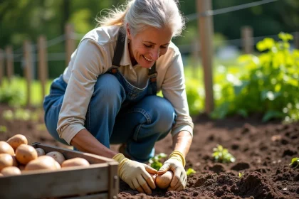 Femme d'âge mûr récoltant des pommes de terre dans son potager familial avec des gants de jardinage et un tablier en denim
