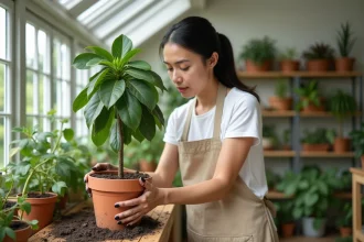 Femme rempotant un ficus dans un grand pot en terre cuite avec de la terre fraîche sur un établi en bois dans une véranda lumineuse