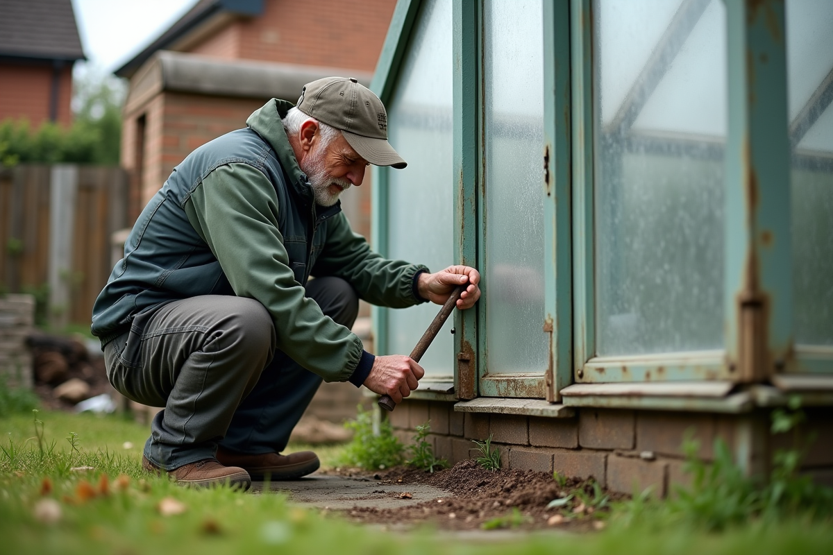 Homme âgé vérifiant une porte de serre en plastique dans un jardin