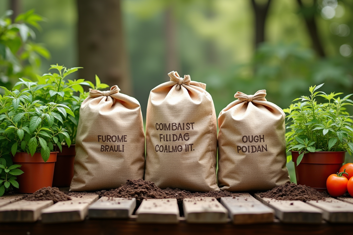 Sacs de terre et compost avec plants de légumes sur une table extérieure