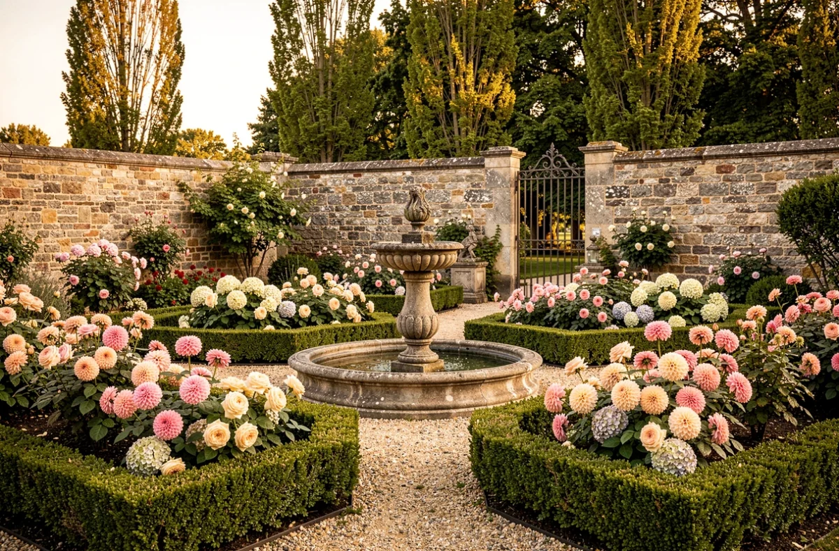 Jardin à la française classique réalisé par SARL Martel à Chaumont avec rosiers et fontaine en pierre