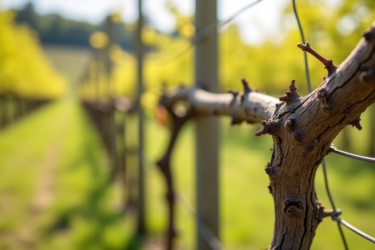 Gros plan sur des sarments de vigne taillés avec des bourgeons naissants au printemps