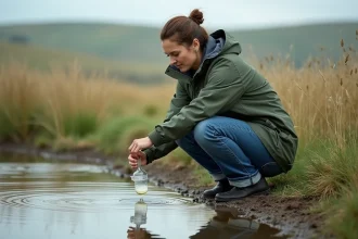 Scientifique environnementale prélevant un échantillon d'eau dans un étang rural