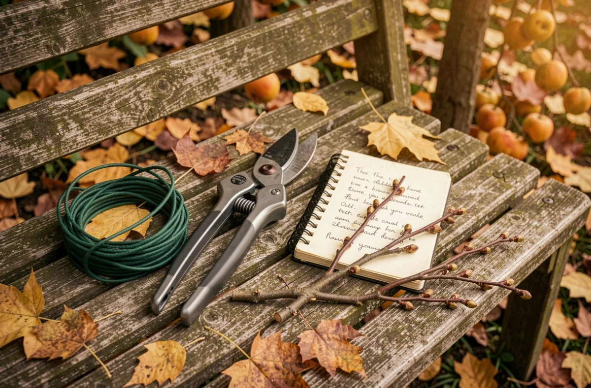 Sécateur professionnel posé sur un banc en bois avec un carnet de jardinage et des rameaux coupés en automne