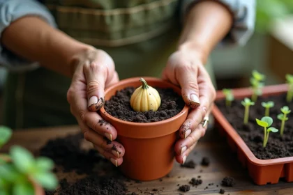 Mains expérimentées plaçant une graine de courge Bleu de Hongrie dans un pot en terre cuite lors du semis