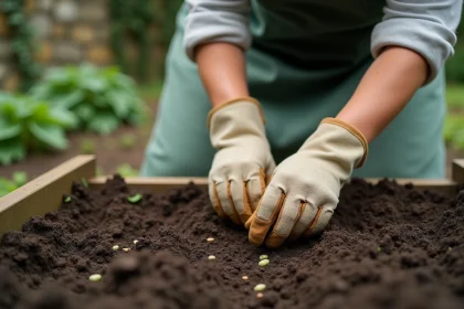 Femme jardinant en train de semer des haricots verts dans un potager au printemps