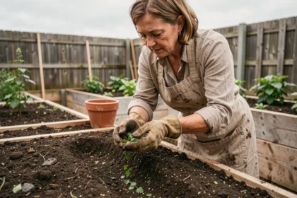 Femme semant des graines de persil en pleine terre dans un potager au printemps