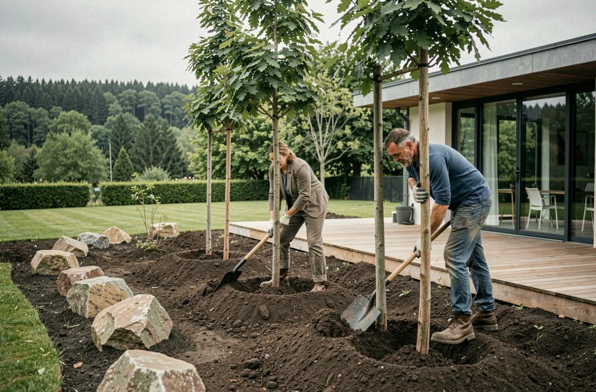 Équipe de Sequoia Paysage plantant des arbres ornementaux dans un jardin résidentiel moderne du Grand Est