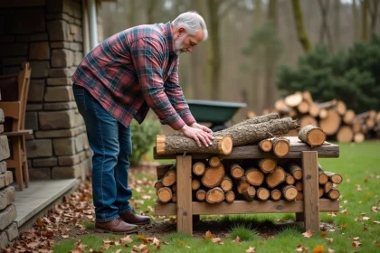 Homme moyenâgeux empilant du bois dans le jardin