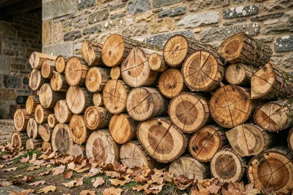 Stère de bois de chêne fendu et empilé contre un mur en pierre, forêt française en arrière-plan automnal