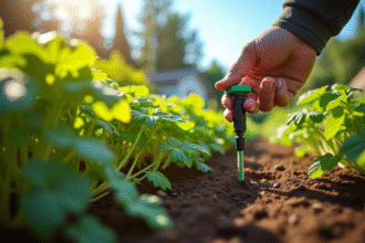 Main installant un systeme d'irrigation goutte a goutte dans un jardin luxuriant