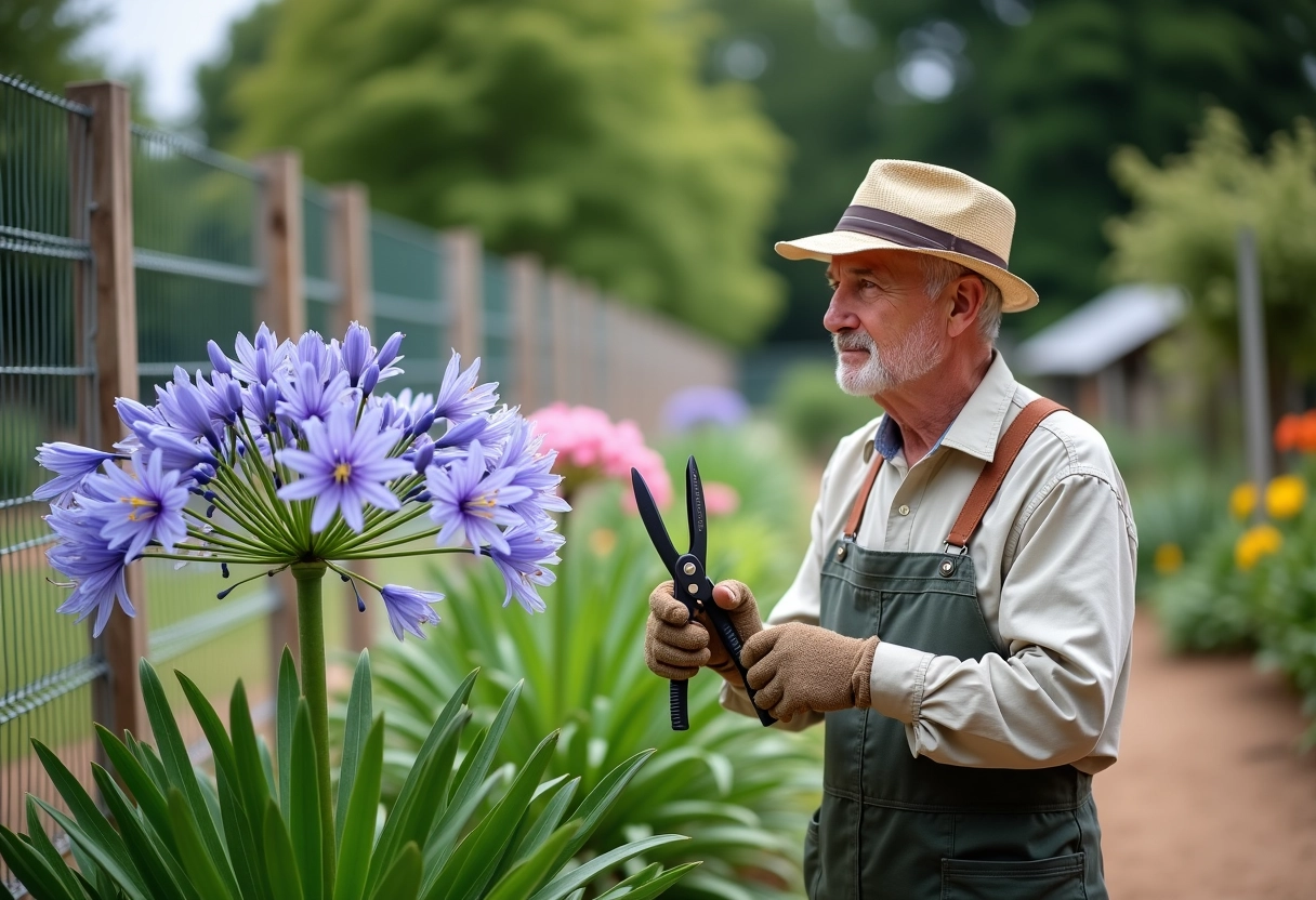 Homme âgé taille un agapanthus dans un jardin